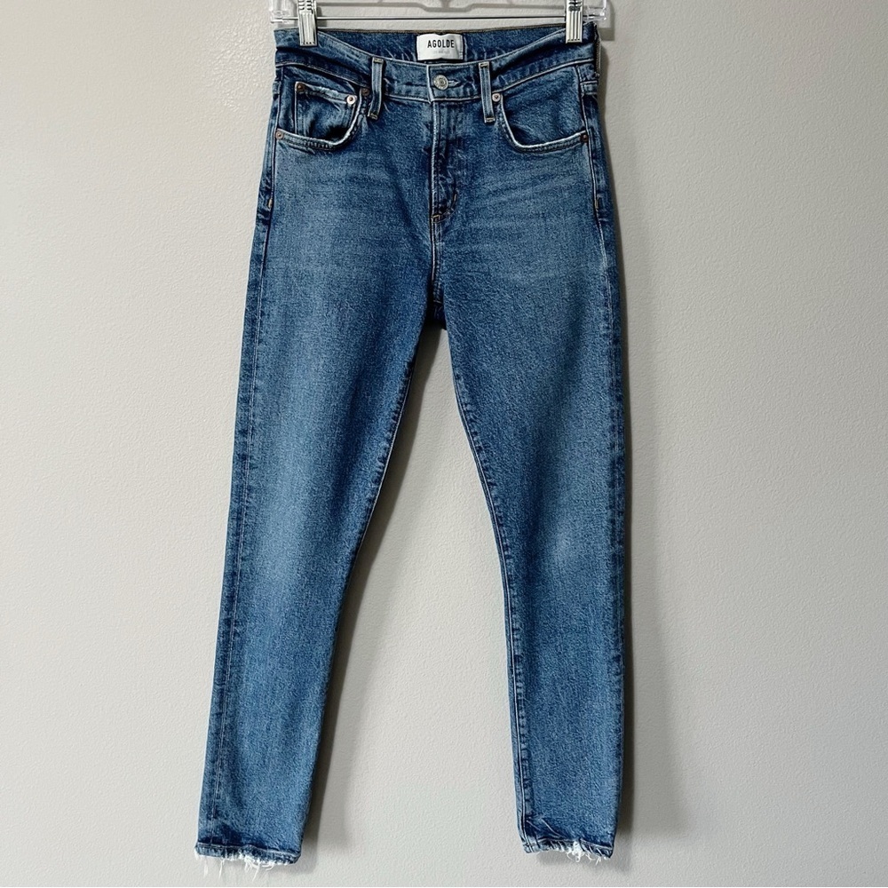 Agolde Toni Mid Rise Straight Jeans Medium Blue Size 24 Distressed